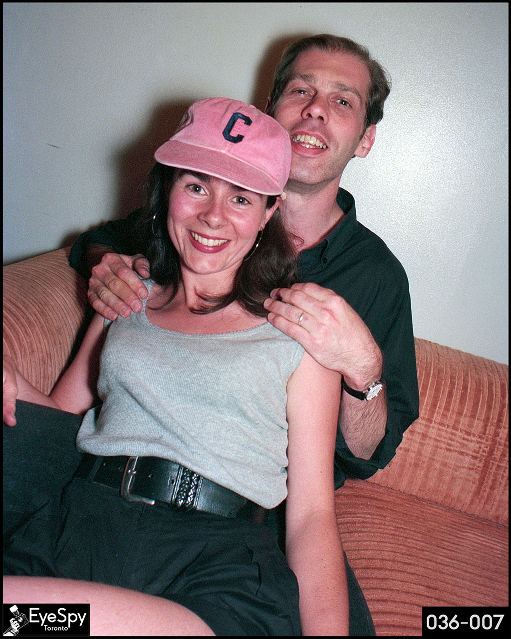 Christine Reeves (director of First World) getting close to actor Mackenzie Gray, who's in Rumours of Our Death at the third annual SummerWorks theatre festival opening night party at the Tarragon, Toronto, August 1993.